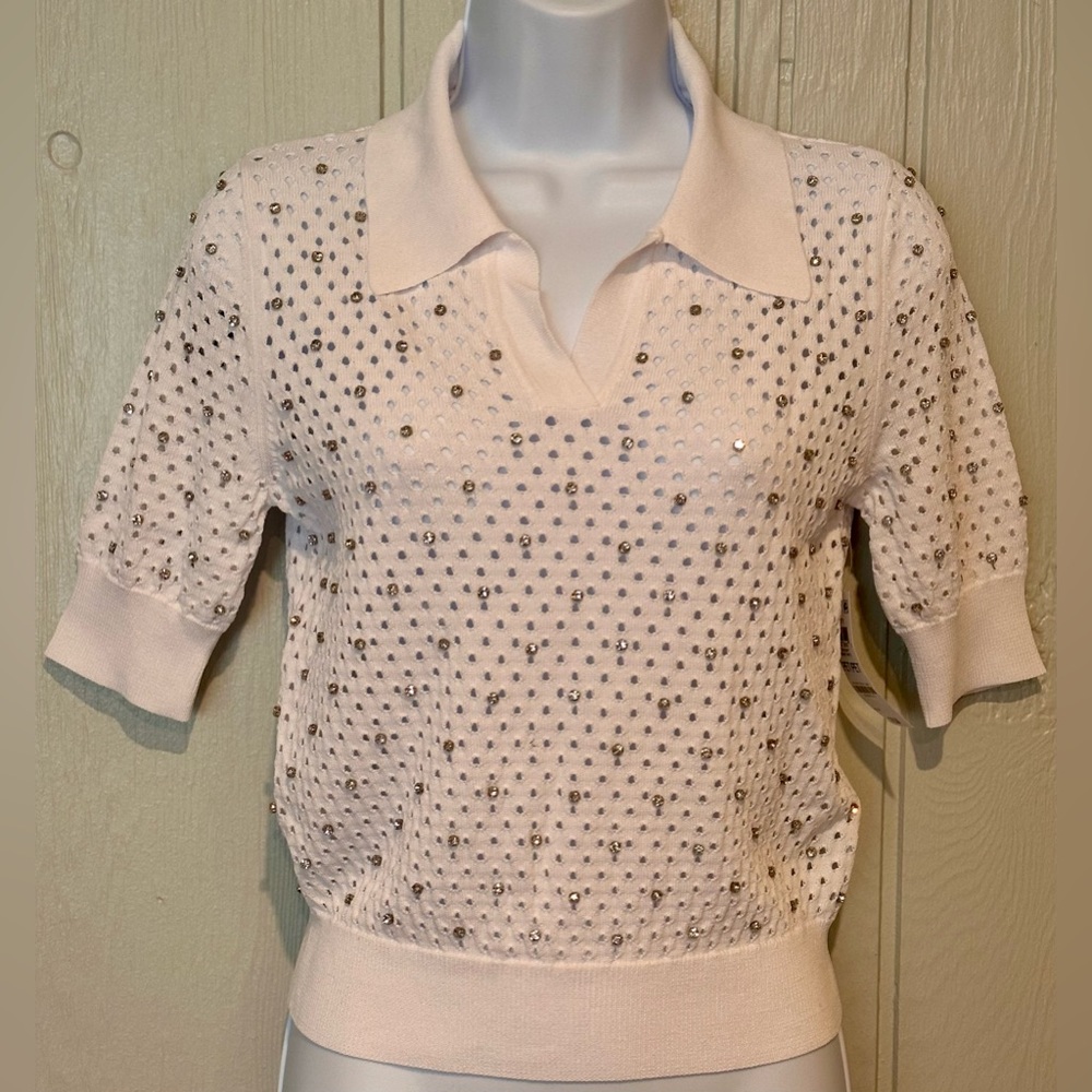 NWT. INC International Concepts Bright White Rhinestone Blouse